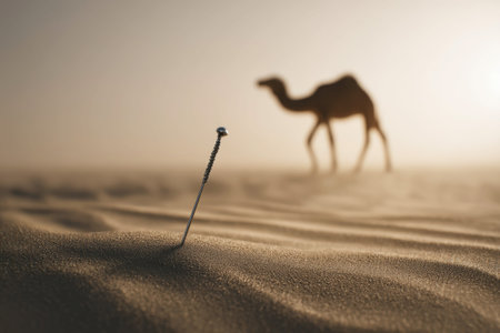 single pin on desert with blur camel background..の素材