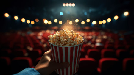 A person holding a bowl of popcorn in a movie theater..の素材