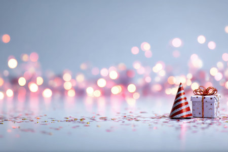 Single Party Hat on Colorful Confetti with Blurred Lights, Web Banner with Copy Space on Left Side..の素材