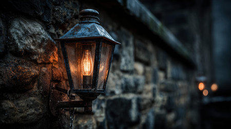 Vintage gas street lamp illuminating a stone wall adorned with autumn leaves in a charming historical setting.の素材