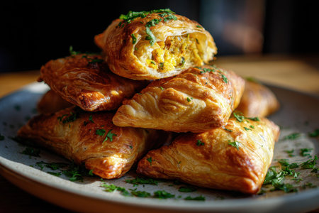Tasty golden piroshki pastries with savory meat, cheese, and herbs. Delicious Food background..の素材
