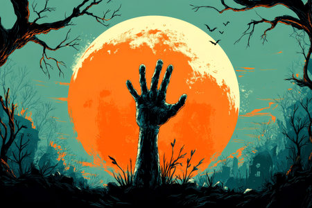 A vibrant orange dramatic, stylized illustration of a ghoulish, dark silhouette of a zombie hand rising from dark, cracked earth in the foreground. The hand is reaching upwards. In the background, a large, glowing, pale full moon dominates the upper half of the image. Silhouettes of bare, twisted tree branches frame the scene on either side, emerging from a dark, misty landscape that transitions into the ground. Several small, bat-like creatures are depicted flying across the moon and in the surrounding dark sky. The overall color palette consists of dark greens, blues, and black for the ground and sky, contrasting sharply with the bright, almost white glow of the moon. The art style is bold, graphic, and evokes a classic spooky Halloween atmosphere --ar 3:2 --v 7 Job ID: 1d6bfcbe-dc10-4720-bee4-3e1efc0ffec1の素材