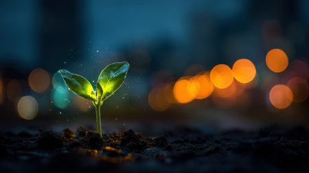 A vibrant young plant sprouts from rich soil, glowing with energy against a blurred cityscape backdrop..の素材