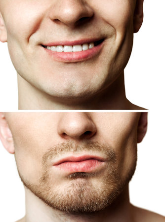 Portrait of a young man befor and after shavingの写真素材