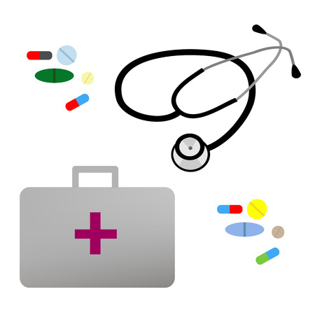 Illustration flat stethoscope, first aid kit and medications.のイラスト素材