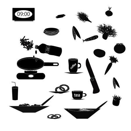 Set of black silhouettes of food and kitchen utensils on isolated background.のイラスト素材