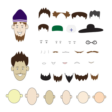 A set of parts of the human face and hats on an isolated background.のイラスト素材