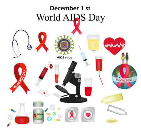 Set - World AIDS Day. Protect yourself from AIDS. Use a condom. The HIV virus. The test for HIV. Infographics. Red ribbon. illustration.のイラスト素材