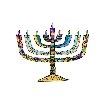Hanukkah. Jewish religious holiday. Chanukah candle colorful. Multi-colored stained. Doodle, zentangl, hand draw sketch illustration on isolated background.のイラスト素材