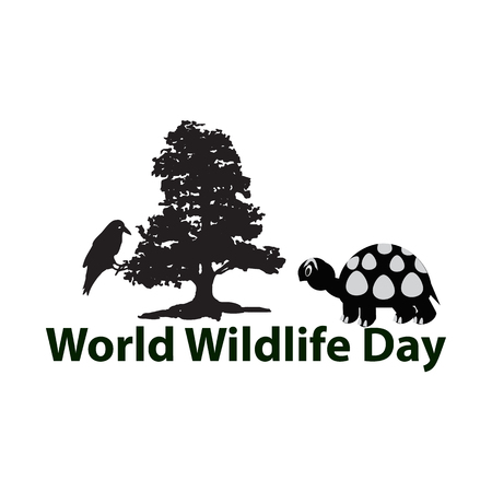 World Wildlife Day. March 3. The black silhouette of tree. Crow, Turtle Vector illustrationのイラスト素材