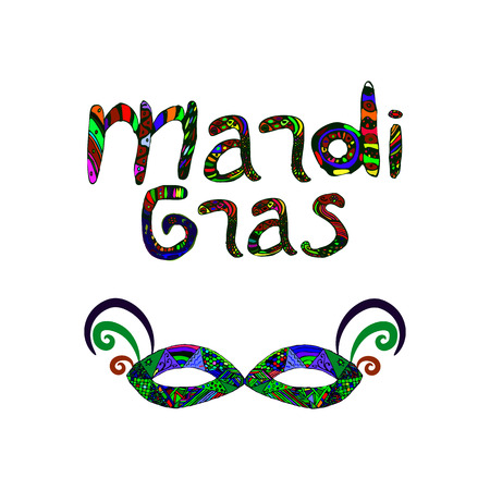 Mardi Gras. Fat Tuesday. Carnival mask. Color inscription. Doodle, lettering, zentangle Hand draw Vector illustrationのイラスト素材