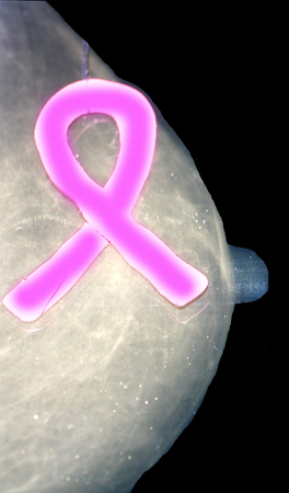 Pink ribbon on a background of a mammography image. X-ray. World Breast Cancer Day.の写真素材
