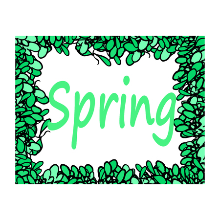 Inscription Spring. Frame of green leaves. Vector illustration on isolated background.のイラスト素材