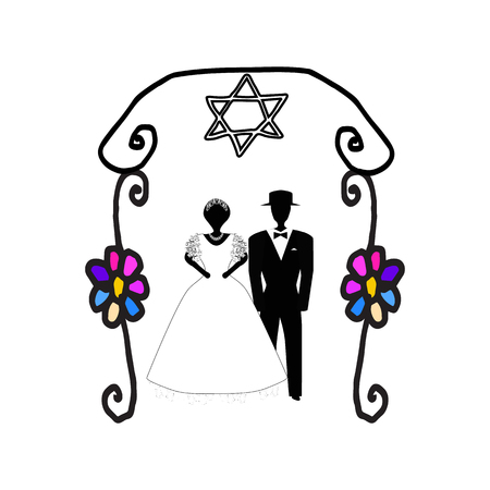 Arch for wedding vintage in flowers. The Jewish Hupa. Wedding hoop. Bride and groom. Doodle. Hand draw. Vector illustration on isolated backgroundのイラスト素材