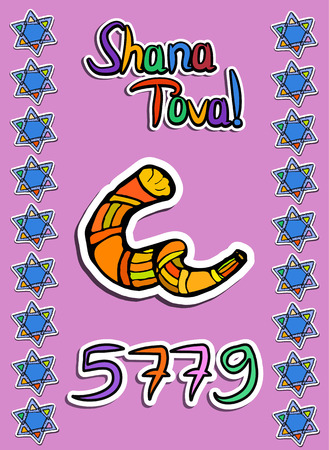 Greeting on Rosh Hashanah in paper style. Sticker. 5779. Shofar, pomegranate, apple, scroll, star Doodle Hand draw Vector illustrationのイラスト素材