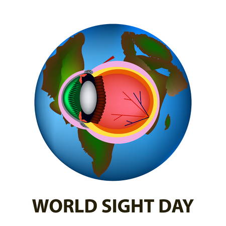 World Sight Day. October 11. Planet Earth. Eye anatomical structure. Vector illustration on isolated background.のイラスト素材