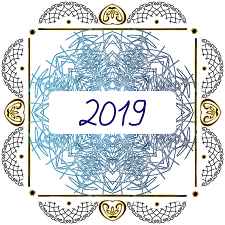 Vintage graphic mandala. frame 2019 new year. Vector illustration on isolated backgroundのイラスト素材