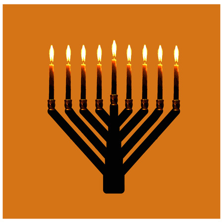 Triangular Chanukiah Hasidic. Jewish holiday Hanukkah. Vector illustration on orange background.のイラスト素材