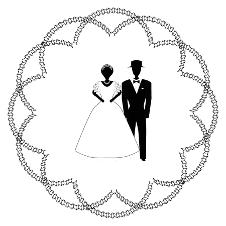 Arch for wedding vintage. The Jewish Hupa. Wedding hoop. Bride and groom. Round vintage decorative frame. Doodle. Hand draw. Vector illustration on isolated background.のイラスト素材