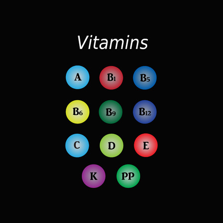 Icons of vitamins - A, B1, B5, B6, B9, B12, C, K, D, E, PP. Vector illustration on a black backgroundのイラスト素材