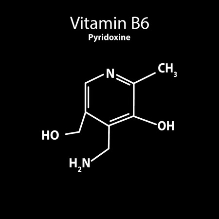 Vitamin B6. Pyridoxine Molecular chemical formula. Infographics. Vector illustration on black background.の写真素材