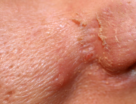 Inflamed skin on the face. Acne. Pimples on the skin. Scars and peeling.