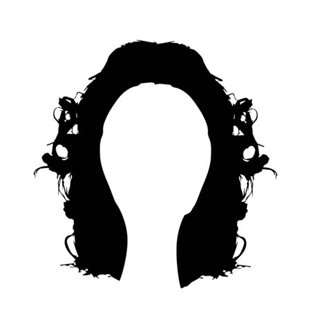 Black silhouette of a girl with curly hair. Long hair hairstyle silhouette. Portrait of a girl in full face. Vector illustration on isolated background.のイラスト素材