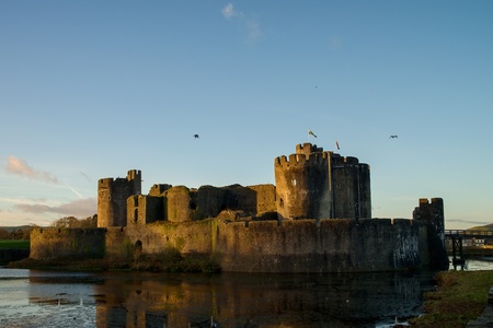 Carphilly Castle in South Wales. Medieval stronghold with moad.のeditorial素材