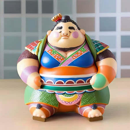 Toy Sumo figurine, a traditional Japanese sumo wrestler is sitting on a worktop.の素材