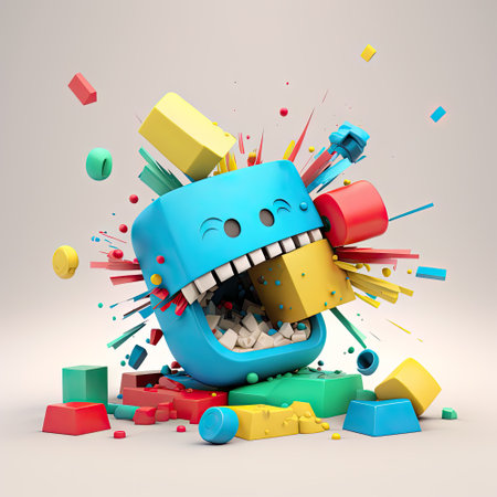 3d illustration of a funny cartoon character with mouth and teeth stuck in colourful cubes, exploding with joy.の素材