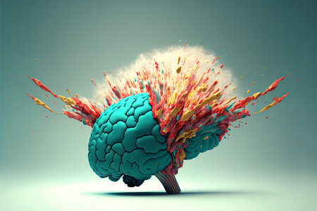3D rendering of a human brain with splashes of red and blue paintの素材