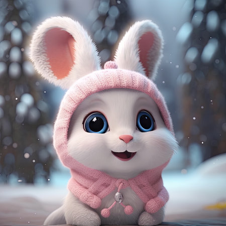 Cute little bunny in winter forest. 3D render illustration.の素材
