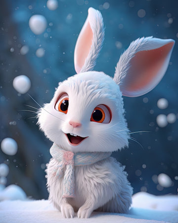 Cute toy rabbit in winter forest. 3D rendering. Toned.の素材
