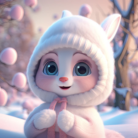 Cute little white rabbit in the winter forest. 3D illustration.の素材
