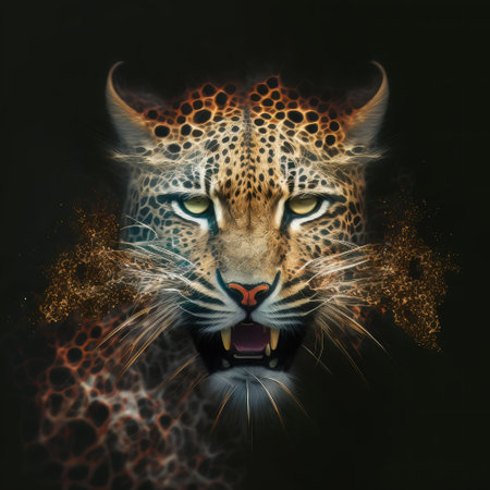 Leopard portrait with fire effect. Digital painting on a dark background.の素材