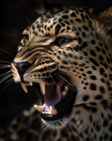 Close up of a leopard panther showing its teeth. (Panthera pardus)の素材