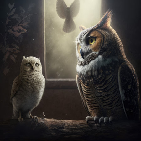 Owl and owl sitting on a branch in a dark room.の素材