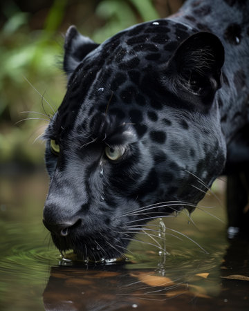 Close-up portrait of a black panther drinking water in a riverの素材