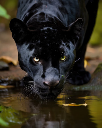 Black panther (Panthera pardus) in waterの素材