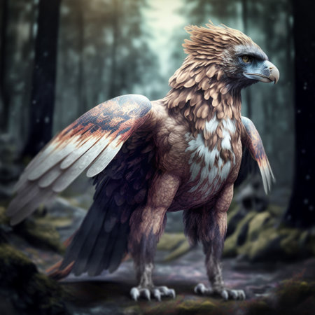 3d rendering of a golden eagle in a fantasy forest with treesの素材