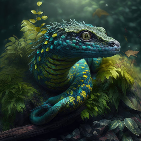 3D rendering of a colourful snakelike creature in a forest.の素材
