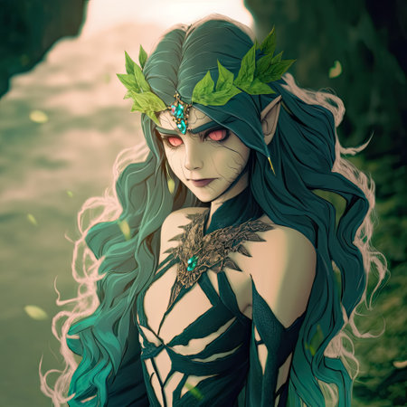 ai illustration of a beautiful fantasy alien girl with green hair.の素材
