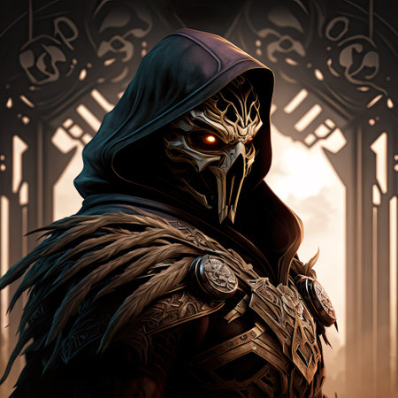 3D rendering of a fantasy warrior with a skull in armor.の素材