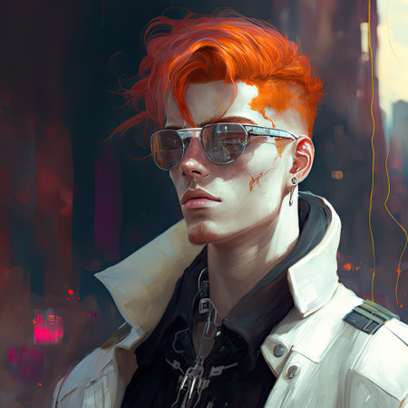 Portrait of a red-haired man in a white coat and aviator glasses.の素材