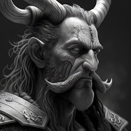 Portrait of a greek god with horns and a shield.の素材
