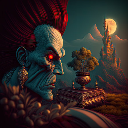 Mighty wizard in front of fantasy landscape. 3D renderingの素材