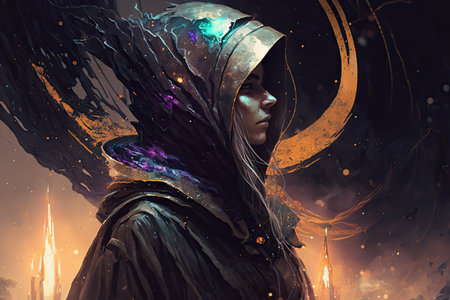 Generative ai, oil illustration capturing a Saturn Mystic, with explosive splatters of paint creating a sense of movement. Cloaked in a ghostly shawl, encircled by Saturn's rings.の素材