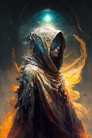 Generative ai, oil illustration capturing a Saturn Mystic, with explosive splatters of paint creating a sense of movement. Cloaked in a ghostly shawl, encircled by Saturn's rings.の素材