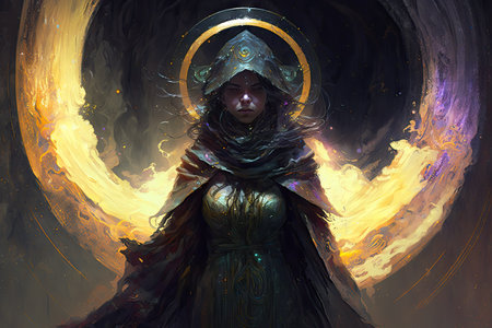 Generative ai, oil illustration capturing a Saturn Mystic, with explosive splatters of paint creating a sense of movement. Cloaked in a ghostly shawl, encircled by Saturn's rings.の素材