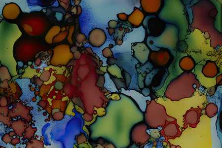 Abstract background of acrylic paints in blue, red and yellow tones.の素材